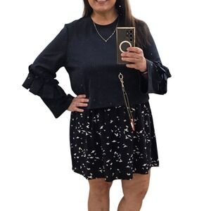 Solitaire Womens BLUE Long Sleeve‎ Ruffle Cuff Knit top Blouse pleating detail
